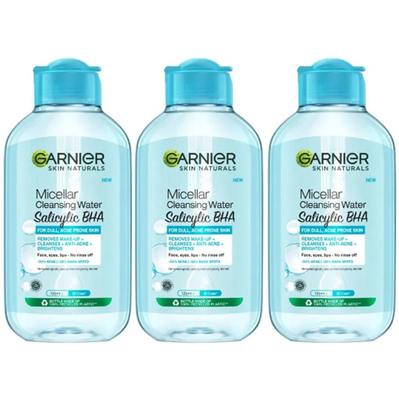 Garnier Micellar Cleansing Water Salicylic BHA for Dull, Acne Prone Skin メイク落とし 125ml × 3個セット ブルー
