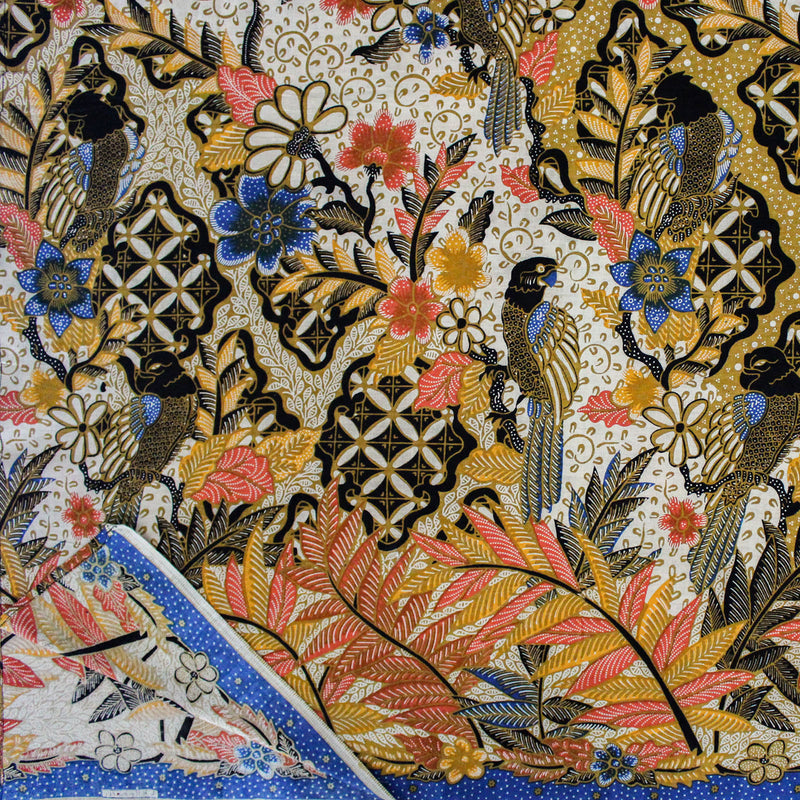 バティック 生地 インドネシア ジャワ更紗 絵画のような鳥と花のモチーフ ブルー
