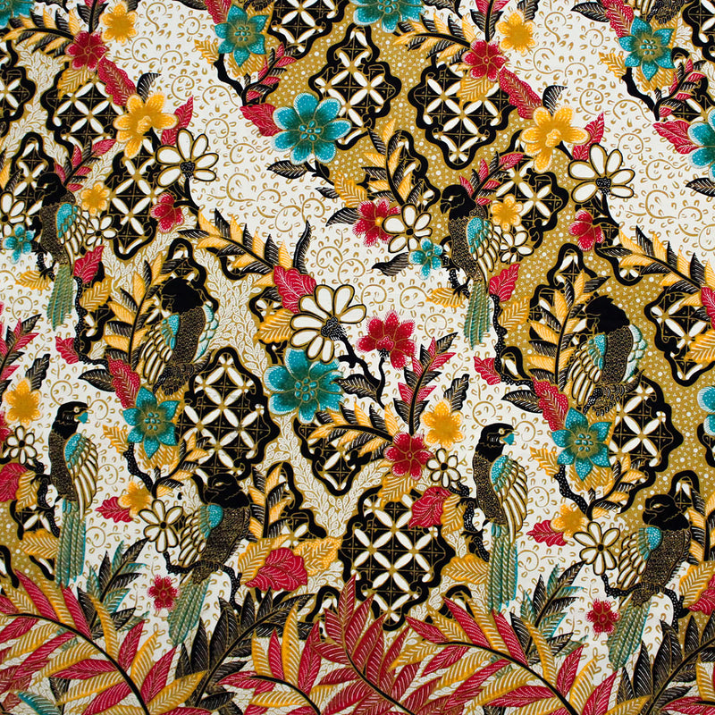 バティック 生地 インドネシア ジャワ更紗 絵画のような鳥と花のモチーフ エメラルドグリーン