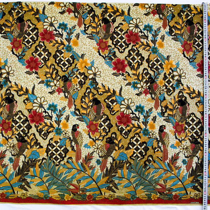 バティック 生地 インドネシア ジャワ更紗 絵画のような鳥と花のモチーフ レッド
